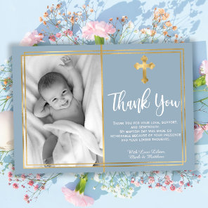 Modern Script Cross Dusty Blue Baptism Photo  Thank You Card