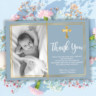 Modern Script Cross Dusty Blue Baptism Photo  Thank You Card
