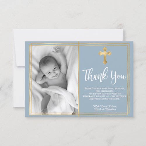 Modern Script Cross Dusty Blue Baptism Photo  Thank You Card