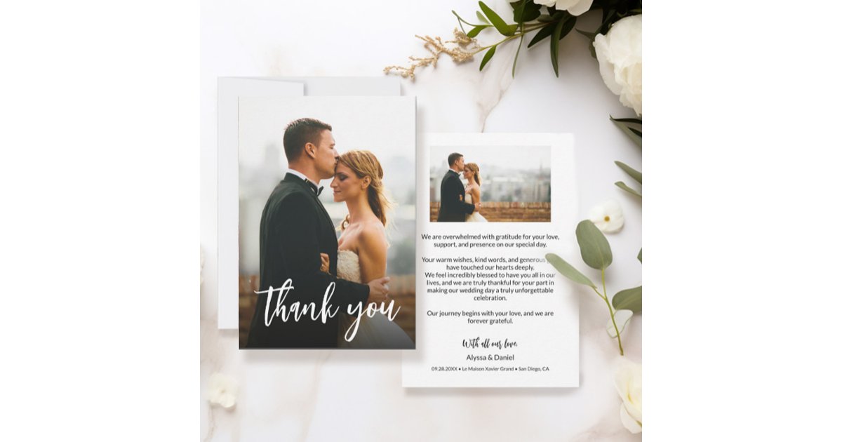 Modern Script Custom 2 Wedding Photos Thank You Card | Zazzle