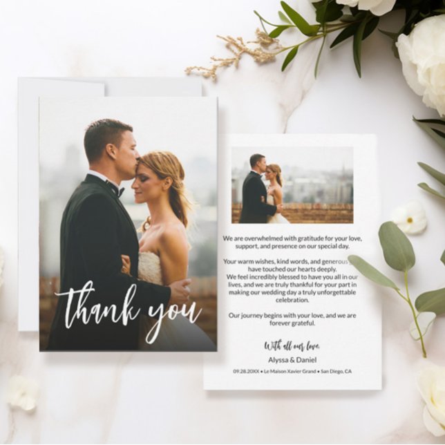 Modern Script Custom 2 Wedding Photos  Thank You Card (Thoughtful personal wedding thank you message. Customizable text and photos.)