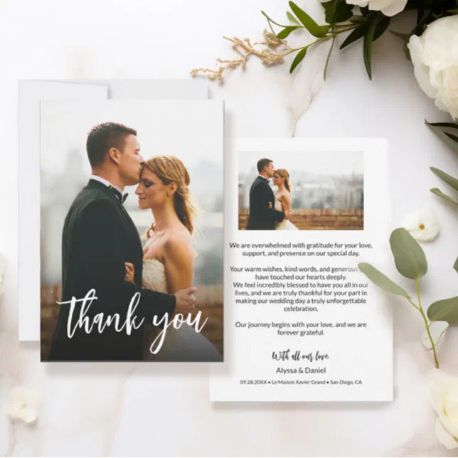 Modern Script Custom 2 Wedding Photos Thank You Card | Zazzle