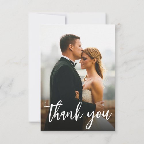 Modern Script Custom 2 Wedding Photos  Thank You Card