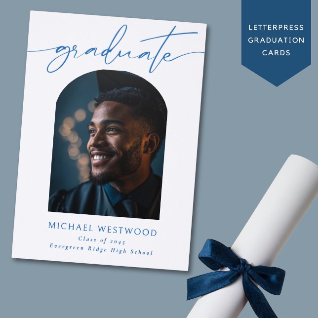 Modern Script Custom Arch Photo High School Letterpress Photo Cards (Creator Uploaded)