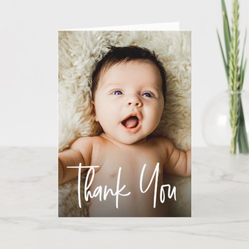 Modern Script Custom Baby Shower Photos Thank You Card