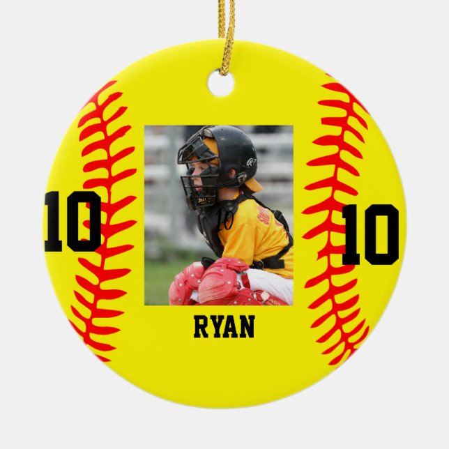 Modern Script Custom Baseball Photo Christmas  Ceramic Ornament (Front)