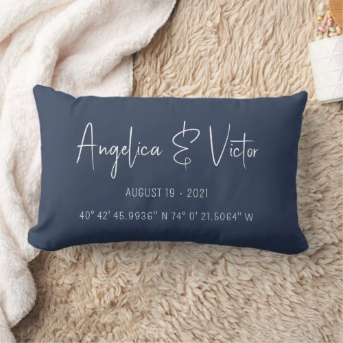 Modern Script Custom Coordinates Wedding Memories Lumbar Pillow