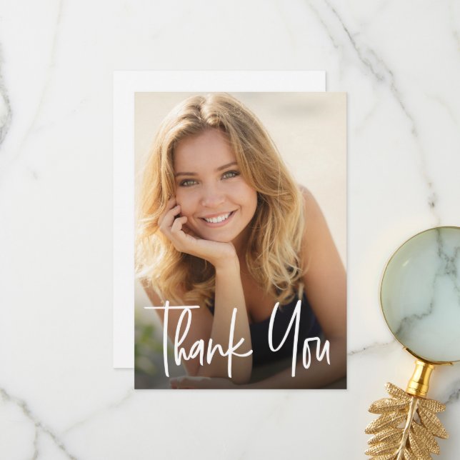 Modern Script Custom Graduate Photos Graduation Thank You Card (Front/Back In Situ)