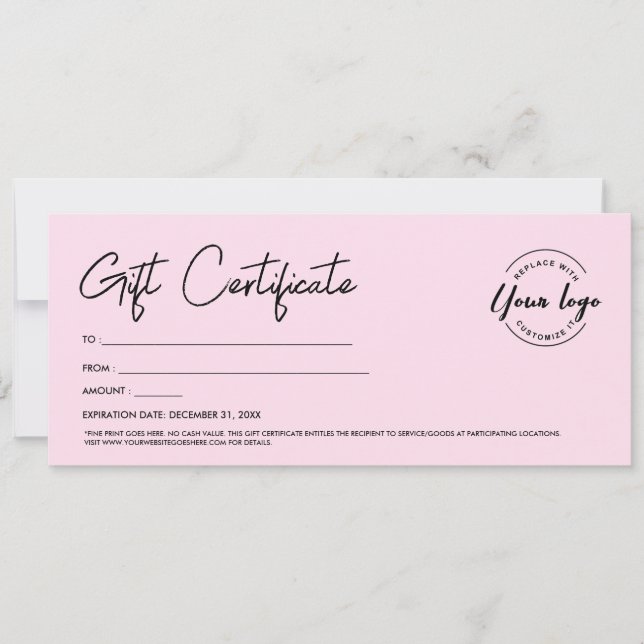 Modern Script Custom Logo Gift Certificate Pink Invitation (Front)
