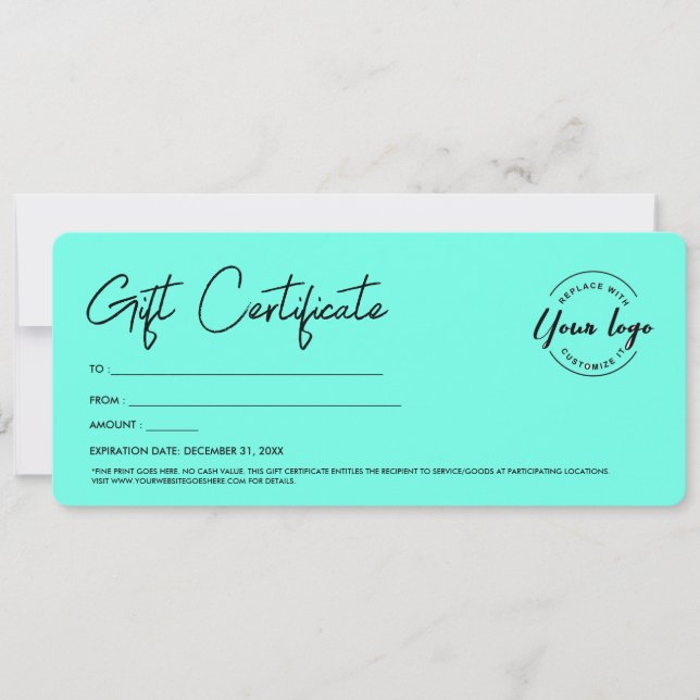 Modern Script Custom Logo Gift Certificate teal Invitation (Front)