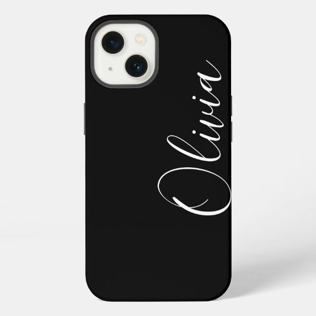 Modern script custom name monogram stylish black iphone case (Back)