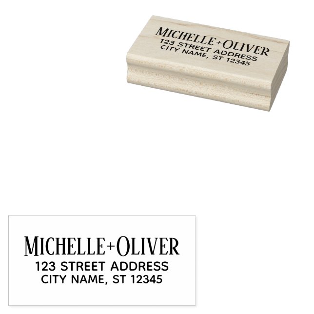 Modern Script Custom Names Wedding Couple Address Rubber Stamp (Stamped)
