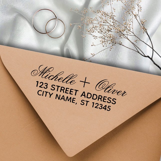 Modern Script Custom Names Wedding Couple Address Rubber Stamp (Creator Uploaded)