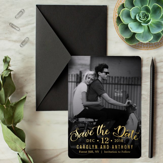 Modern Script | Custom Photo Save The Date Foil Invitation (Creator Uploaded)