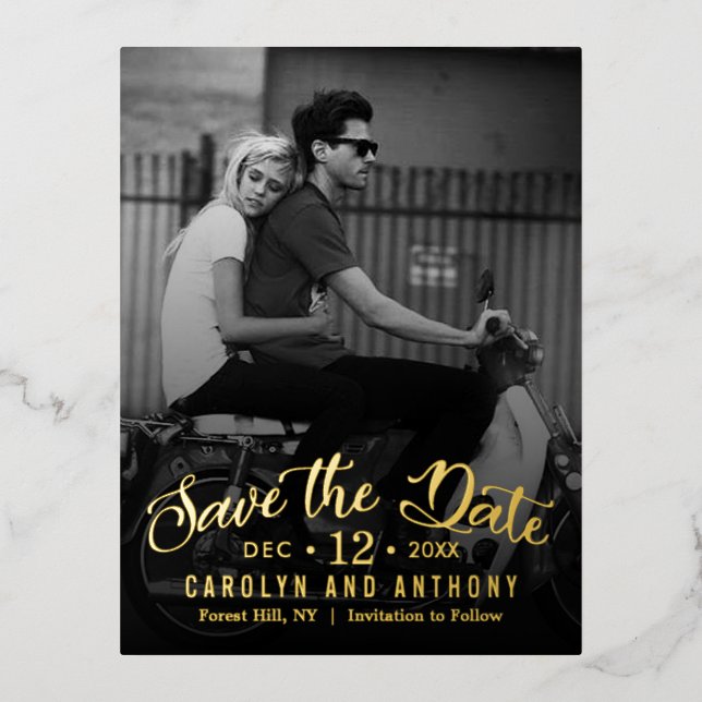 Modern Script | Custom Photo Save The Date Foil Invitation Postcard (Front)
