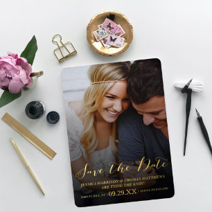 Modern Script   Custom Photo Save The Date Real Foil Invitation