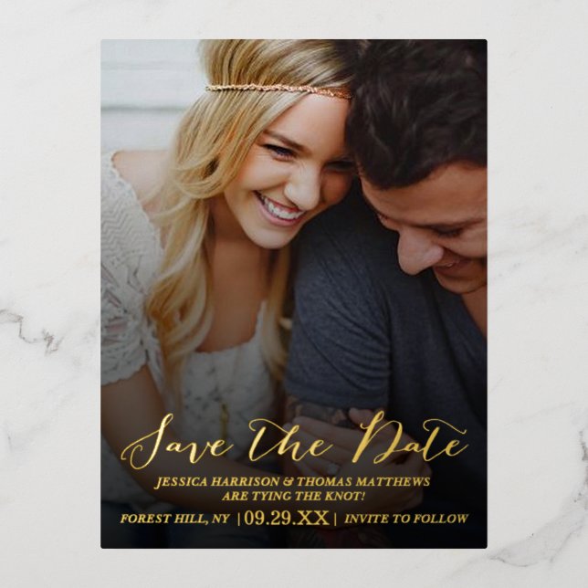 Modern Script | Custom Photo Save The Date Real Foil Invitation Postcard (Front)