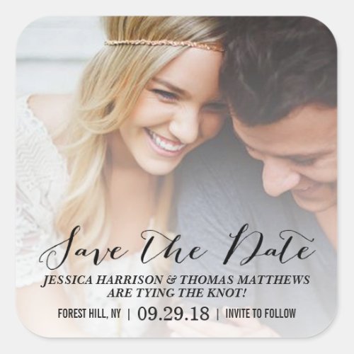 Modern Script  Custom Photo Save The Date Square Sticker