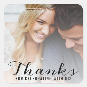 Modern Script Custom Photo Wedding Thank You Square Sticker