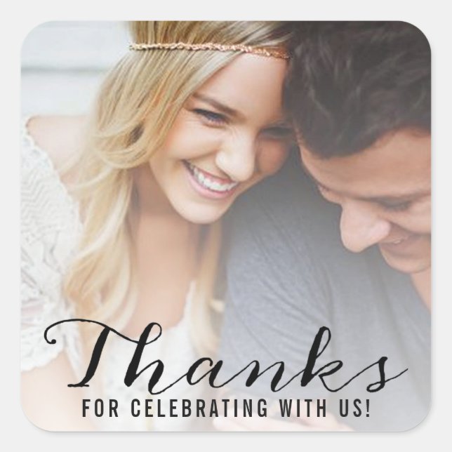 Modern Script | Custom Photo Wedding Thank You Square Sticker (Front)