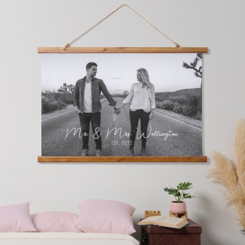 Modern Script Custom Wedding Photo Keepsake Hanging Tapestry