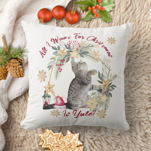 Modern Script Cute Cat Watercolor Funny Christmas Throw Pillow