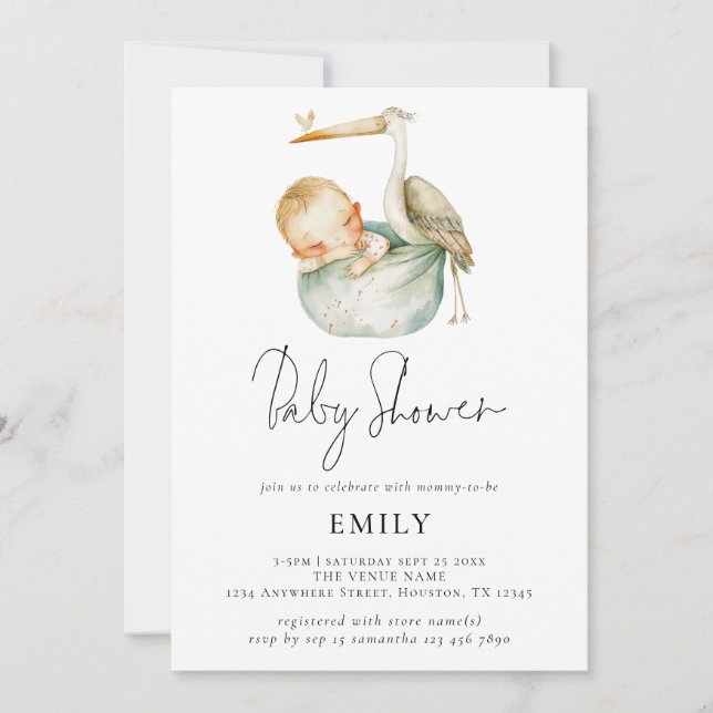 Modern Script Cute Stork and Baby Shower Invitation (Front)