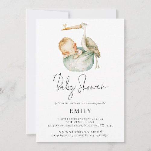 Modern Script Cute Stork and Baby Shower Invitation