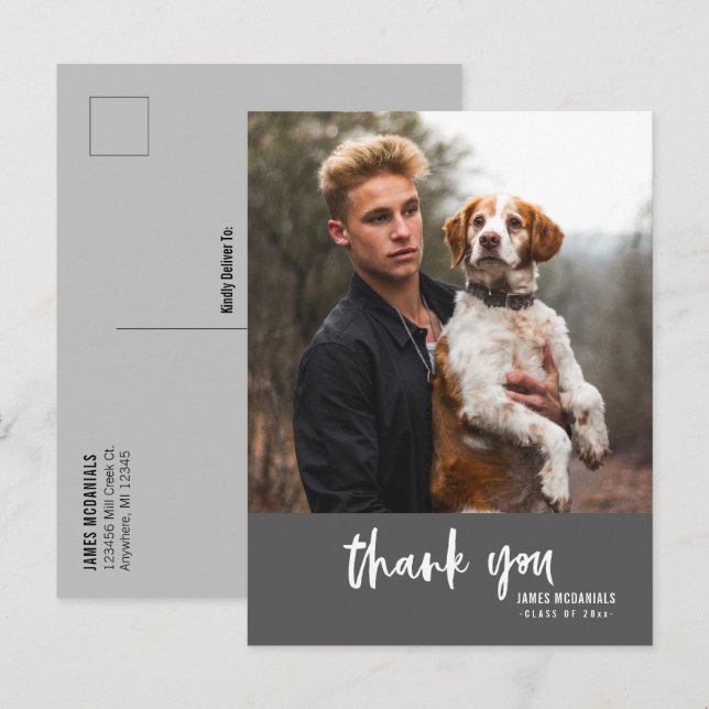 Modern Script Dark Gray Photo Graduation Thank You Invitation Postcard (Front/Back)