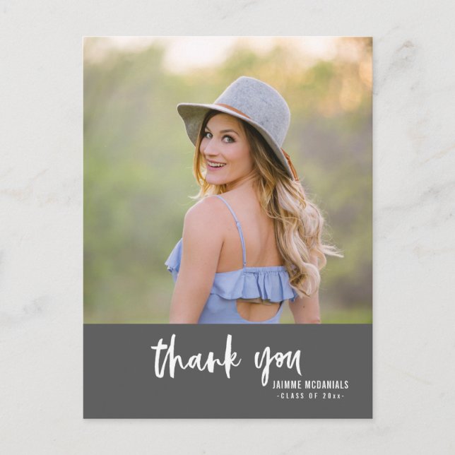 Modern Script Dark Gray Photo Graduation Thank You Invitation Postcard (Front)