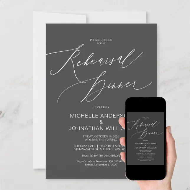 Modern Script Dark Grey Wedding Rehearsal Dinner Invitation Zazzle