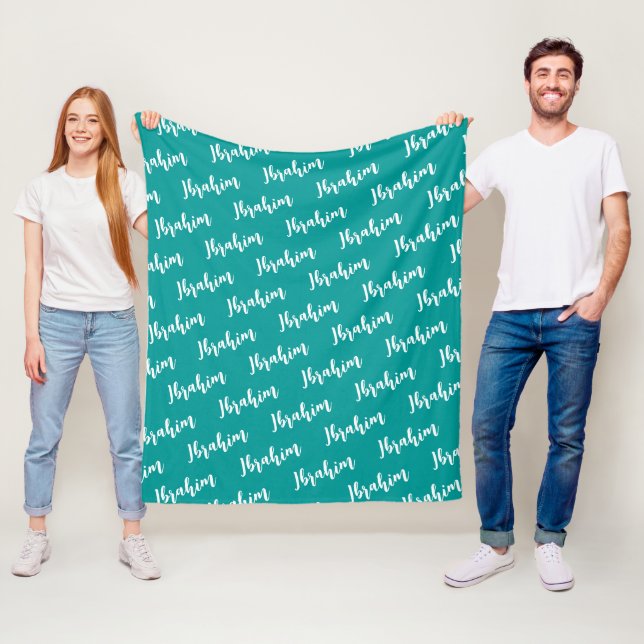 Modern Script Deep Turquoise Custom Repeating Name Fleece Blanket (In Situ)