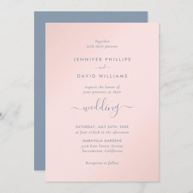 Modern Script Dusty Blue and Blush Wedding Invitation (Front/Back)