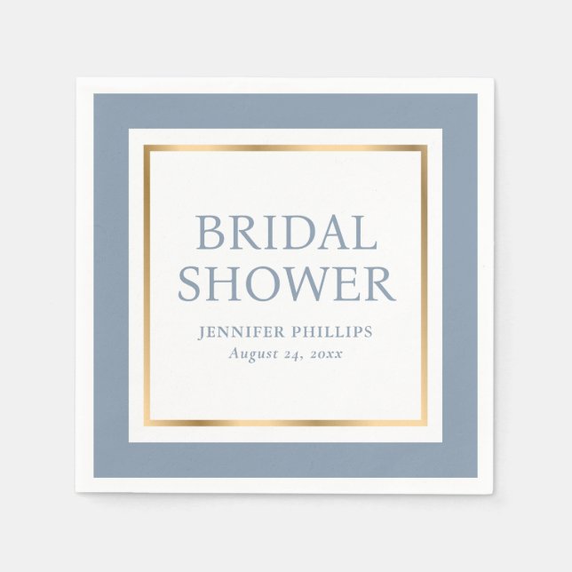 Modern Script Dusty Blue and Gold Bridal Shower Napkins (Front)