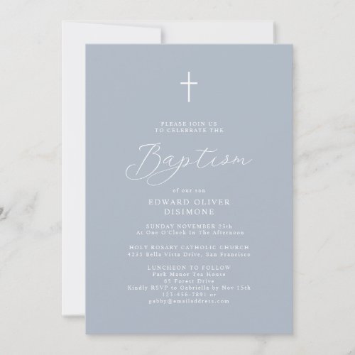 Modern Script Dusty Blue Baby Photo Baptism Invitation