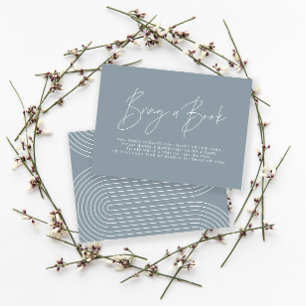 Modern script dusty blue baby shower bring a book note card