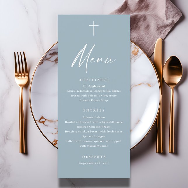 Modern Script Dusty Blue Baptism Menu (Modern script dusty blue baptism menu.)