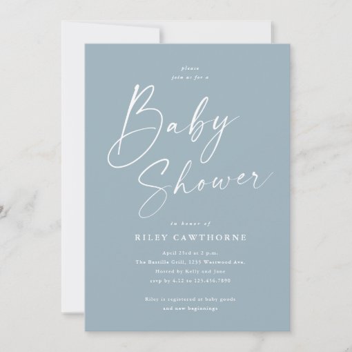 Modern Script Dusty Blue Boy Baby Shower Invitation | Zazzle