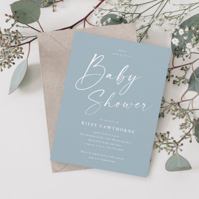 Modern Script Dusty Blue Boy Baby Shower Invitation (Creator Uploaded)