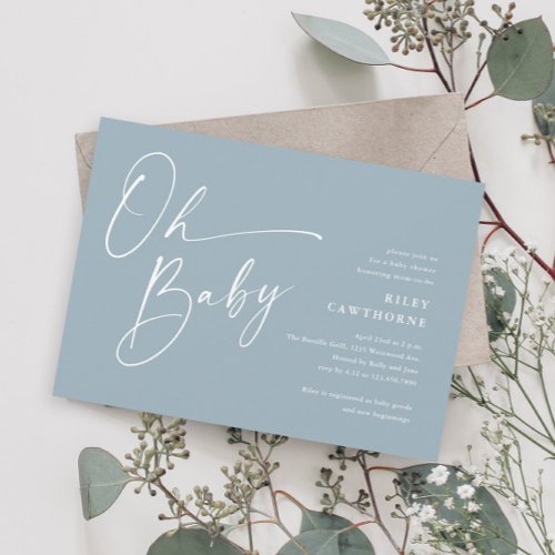 Modern Script Dusty Blue Boy Oh Baby Shower Invitation