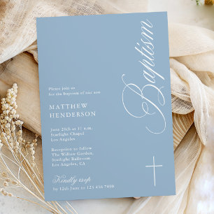 Modern Script Dusty Blue Boys Baptism Invi Invitation