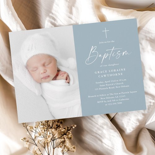 Modern Script Dusty Blue Boys Photo Baptism Invitation