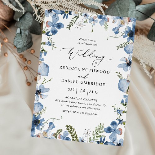 Modern Script Dusty Blue Flowers Wedding Invitation