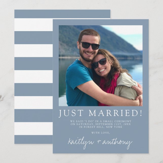 Modern Script Dusty Blue Minimalistic Wedding Announcement (Front/Back)