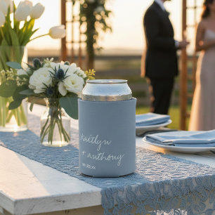 Modern Script Dusty Blue Minimalistic Wedding Can Cooler