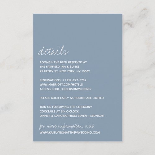 Modern Script Dusty Blue Minimalistic Wedding Enclosure Card