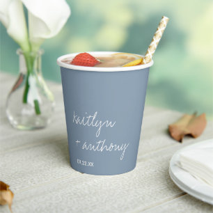 Modern Script Dusty Blue Minimalistic Wedding Paper Cups
