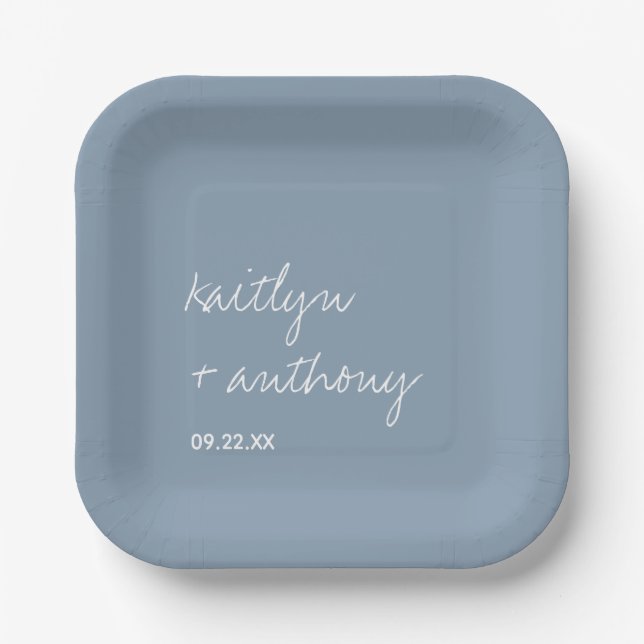 Modern Script Dusty Blue Minimalistic Wedding Paper Plates (Front)