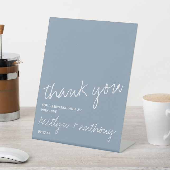 Modern Script Dusty Blue Minimalistic Wedding Pedestal Sign (In SItu)
