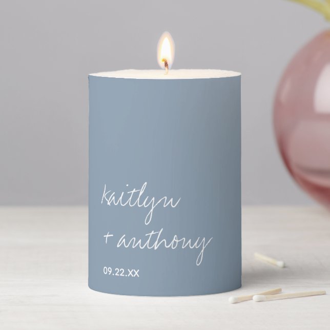 Modern Script Dusty Blue Minimalistic Wedding Pillar Candle (In Situ)
